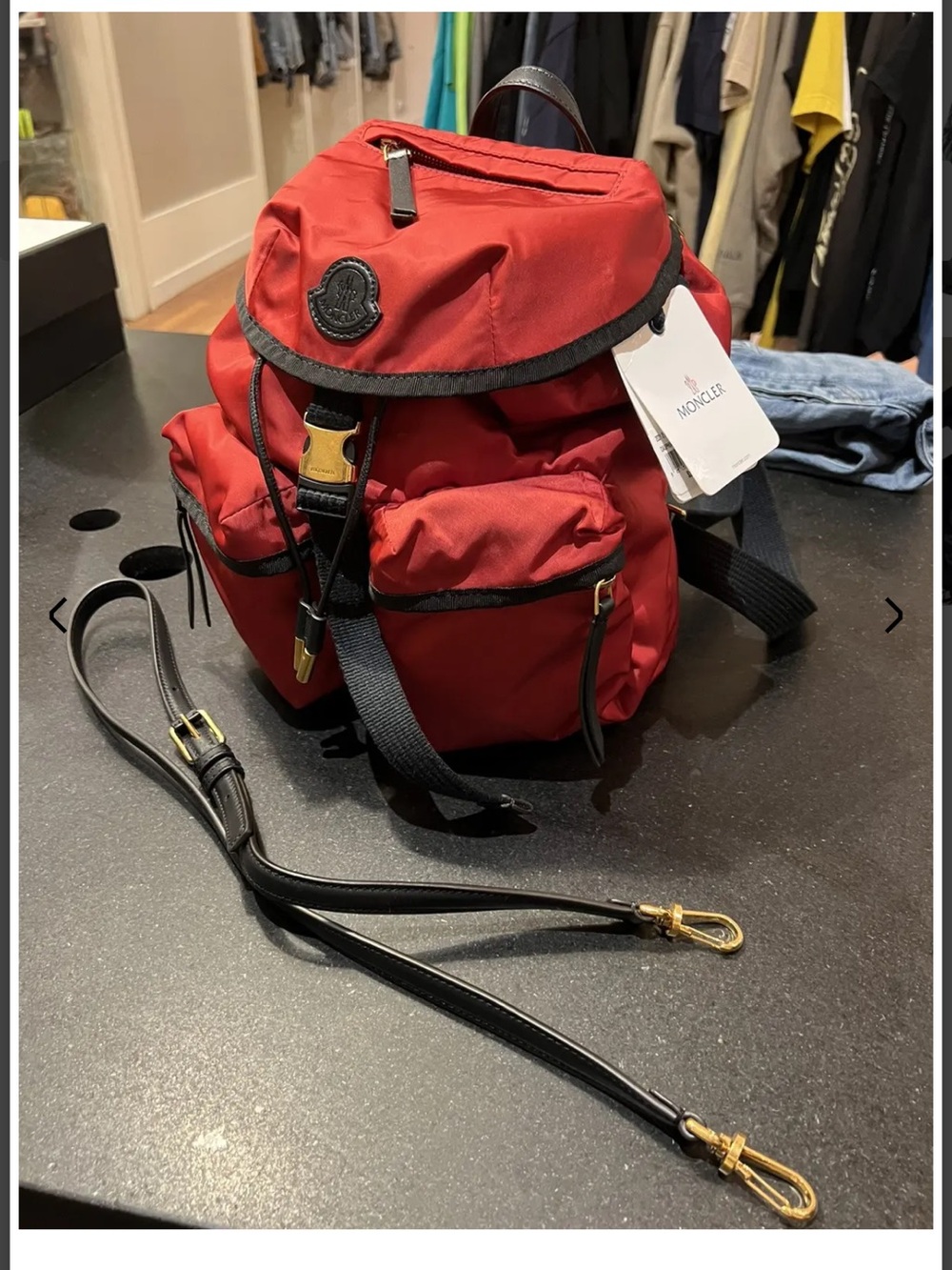 Moncler Red Nylon Mini Backpack with Gold-Tone Accents